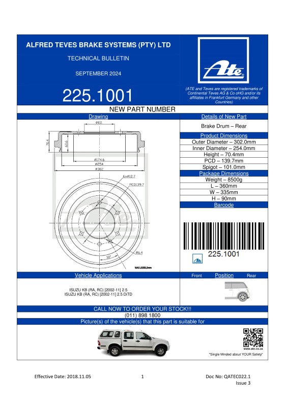 225.1001 NEW! Brake Drum for Isuzu KB 2.5 and Isuzu KB 2.5 DiTD. featured image